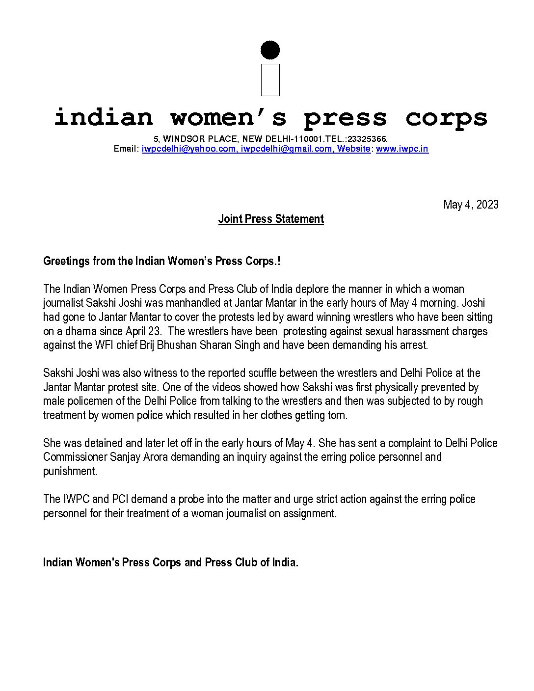 Joint Press Statement- IWPC and PCI deplore manhandling of a woman journalist, demand probe